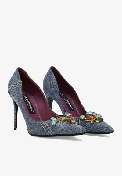 Dolce & Gabbana Crystal-embellished Denim Pumps In Denim