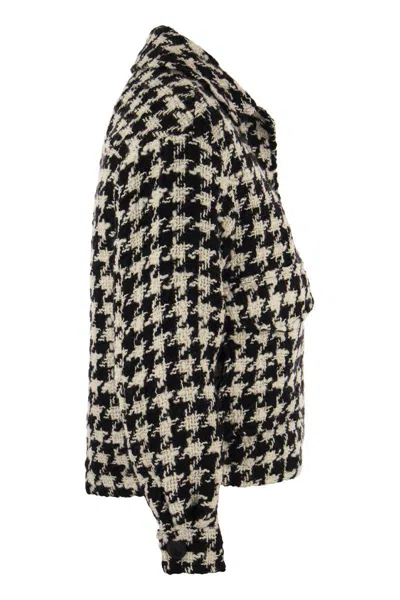 Mc2 Saint Barth Woman Cropped Overshirt With Pied De Poul Print In White/black