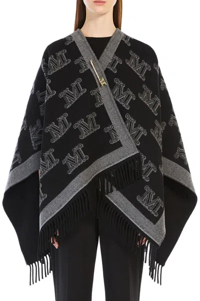 Max Mara Frine Poncho In Black Jacquard Virgin Wool In Black