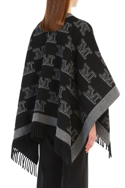Max Mara Frine Poncho In Black Jacquard Virgin Wool In Black