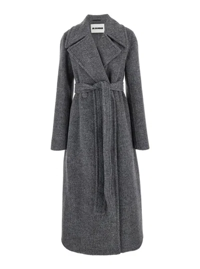 Jil Sander Long Grey Coat With Belt In Grey