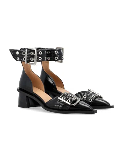 Shop Ganni Chuncky Buckle Open-cut Pumps In Black