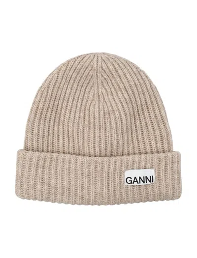 Shop Ganni Wool Beanie In Sand