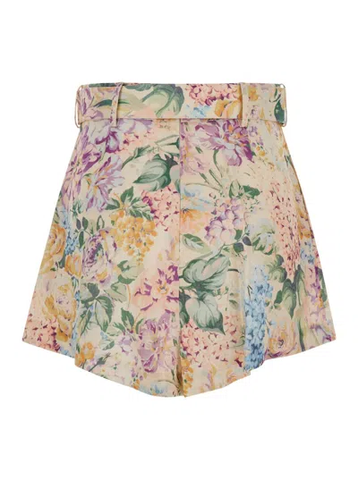 Shop Zimmermann Multicolor Belted Shorts With All-over Floreal Print In Linen Woman