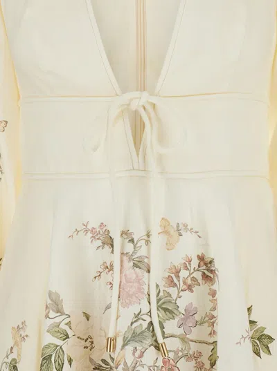 Shop Zimmermann 'waverly' Beige Mini Dress With Floreal Print In Linen Woman