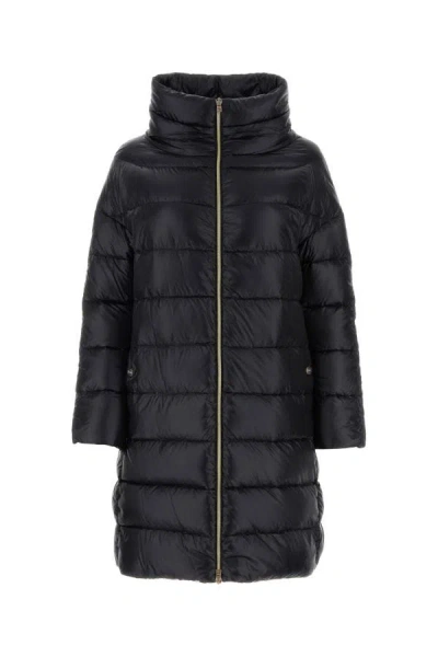 Herno Matilde Hooded Long Length Shiny Finish Quilted Jacket In Black