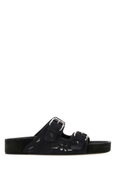 Isabel Marant Lennyo Embroidered Cutout Suede Slides In Black
