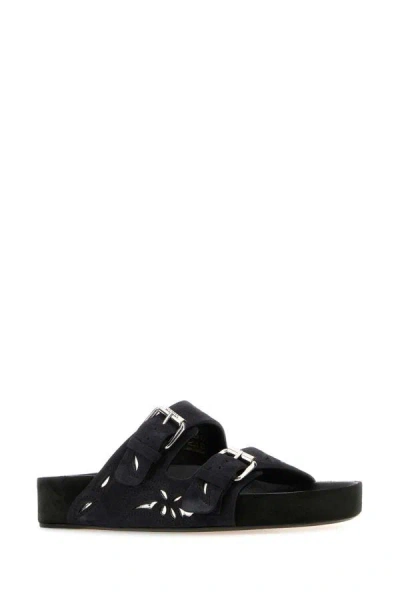 Isabel Marant Lennyo Embroidered Cutout Suede Slides In Black