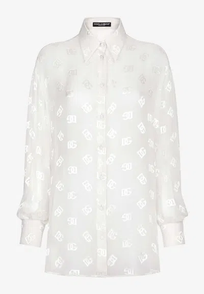 Dolce & Gabbana Devoré Satin Pussy-bow Shirt With All-over Dg Logo In White