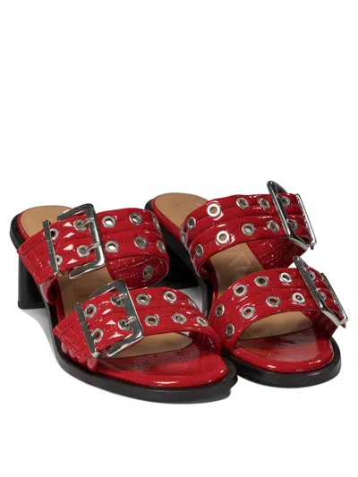 Ganni Red Feminine Buckled Mule Heeled Sandals In Red