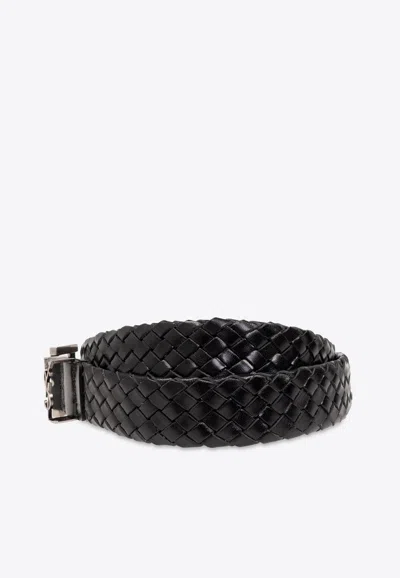 Saint Laurent Cassandre Interwoven Leather Belt In Black