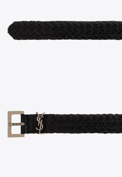 Saint Laurent Cassandre Interwoven Leather Belt In Black