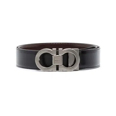 Ferragamo Black And Brown Reversible Belt With Gancini Detail In Smooth Leather Man