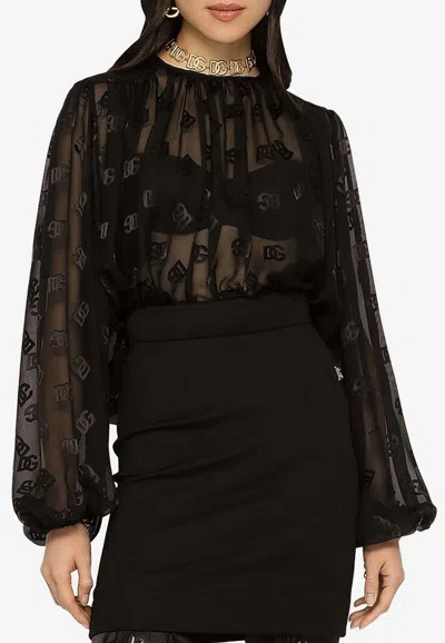 Dolce & Gabbana Logo Jacquard Bishop Sleeves Blouse In Black