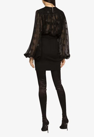 Dolce & Gabbana Logo Jacquard Bishop Sleeves Blouse In Black