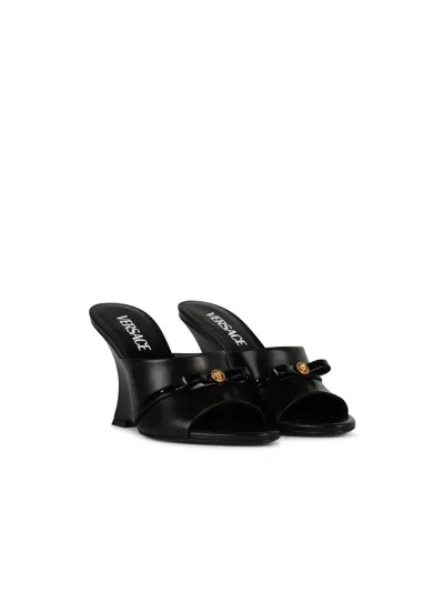 Versace Gianni Ribbon 95 Wedge Mules In Black