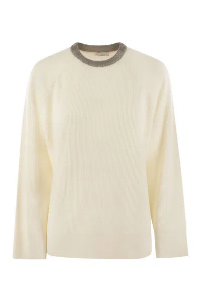 Shop Brunello Cucinelli Ribbed Cashmere Sweater With Necklace In White