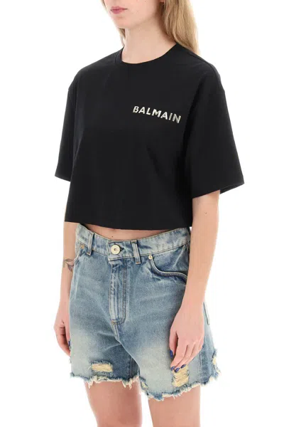 Shop Balmain Cropped T-shirt With Metallic Logo In Black