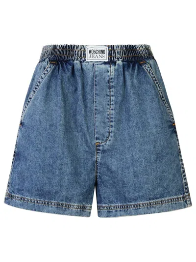 Moschino Elastic Waist Denim Shorts In Blue