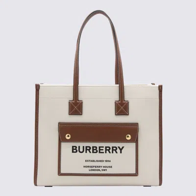 Shop Burberry Cream Canvas And Brown Leather Freya Tote Bag In Natural/tan