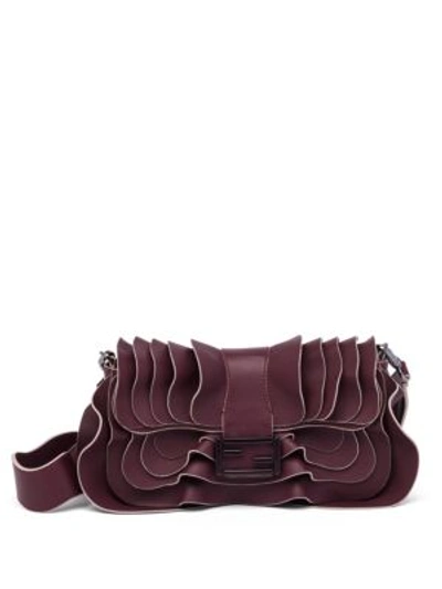 Shop Fendi Ruffled Leather Shoulder Bag In Bordeaux-ruthenium Ultra Black