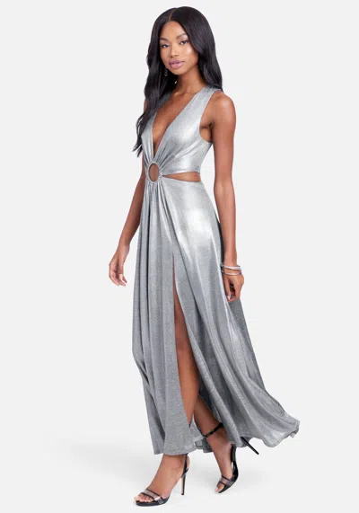 Bebe Ring Detail Sparkle Knit Cut Out Maxi In Silver Lurex