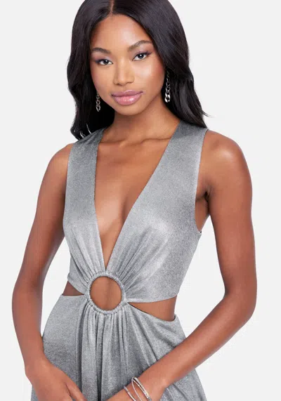 Bebe Ring Detail Sparkle Knit Cut Out Maxi In Silver Lurex