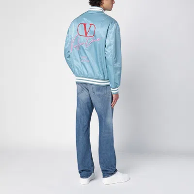 Shop Valentino Light Blue Nylon Bomber Jacket With Signature Vlogo Print