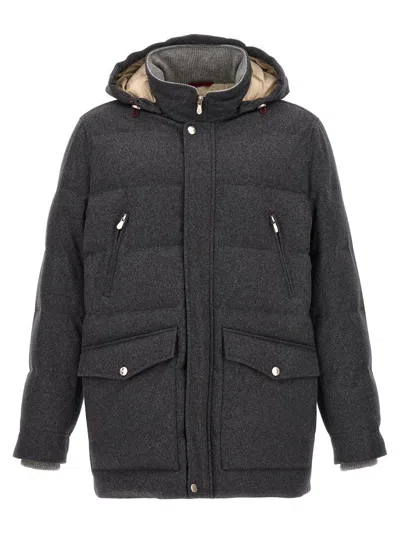 Shop Brunello Cucinelli Long Hooded Down Jacket In Gray