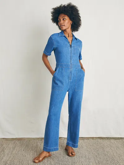 Faherty Linen Denim Jumpsuit In Bay Breeze Wash
