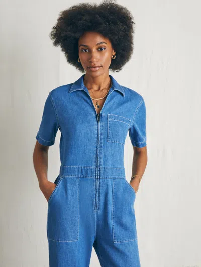 Faherty Linen Denim Jumpsuit In Bay Breeze Wash