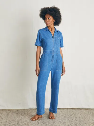 Faherty Linen Denim Jumpsuit In Bay Breeze Wash