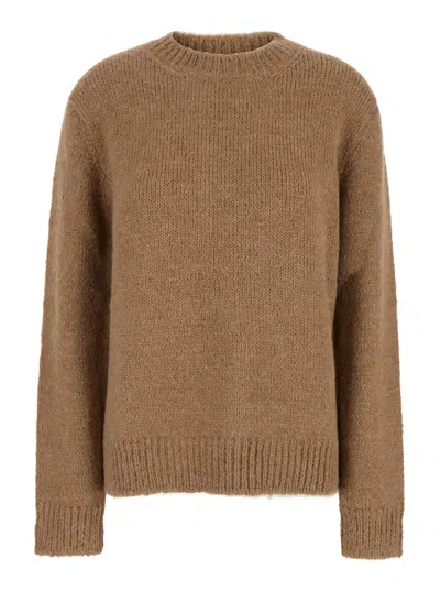 Shop Jil Sander Oversized Beige Sweater With Ribbed Trim In Wool Woman