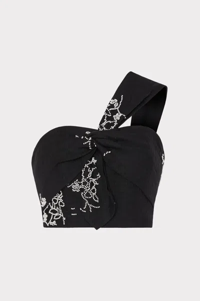 Milly Beaded Embroidery One-shoulder Crop Top In Black
