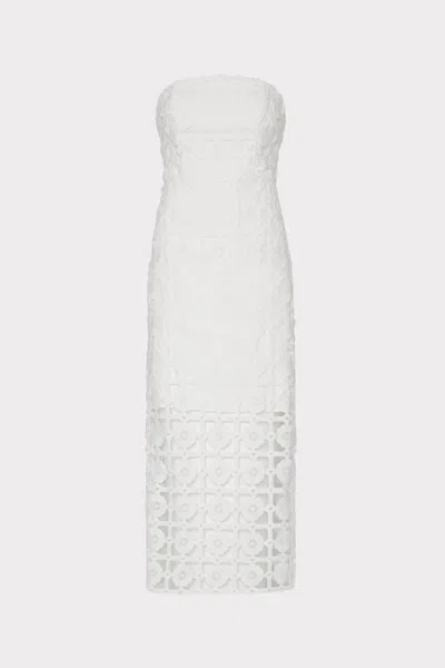 Milly Kait Strapless Tiled Lace Midi Dress In White