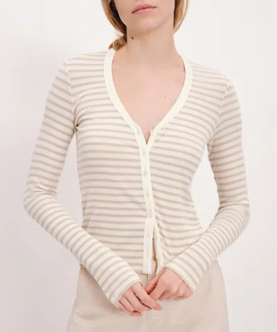 Atm Anthony Thomas Melillo Modal Rib Stripe Long-sleeve Cardigan Top In Chalk-morning Mist