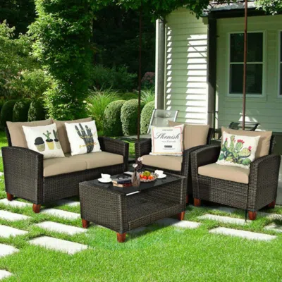 Hivvago 4 Pieces Patio Rattan Furniture Set With Cushions