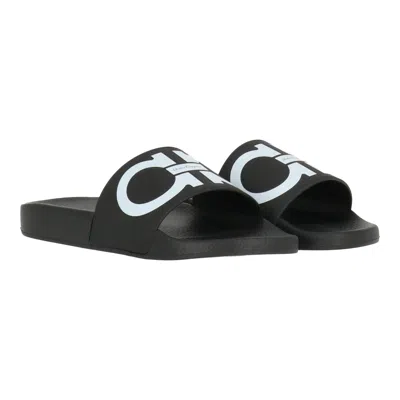 Ferragamo Gancini-print Open-toe Slides In Beige