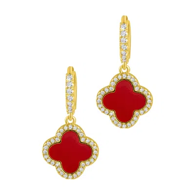 Adornia 14k Gold Plated Crystal Halo Orange Clover Dangle Huggie Earrings In Red