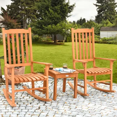 Hivvago 3 Pieces Eucalyptus Rocking Chair Set With Coffee Table