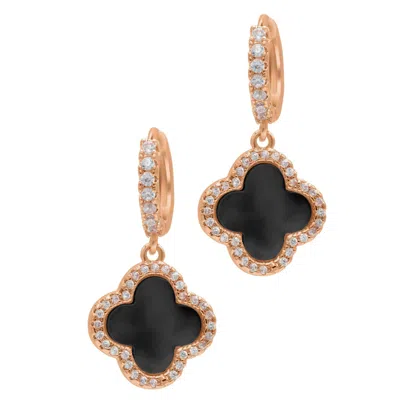 Adornia 14k Rose Gold Plated Crystal Halo Black Clover Dangle Huggie Earrings In Black