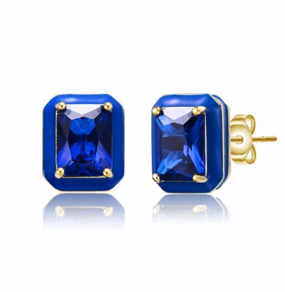 Rachel Glauber 14k Gold Plated With Sapphire Blue Cubic Zirconia Radiant Blue Enamel Halo Stud Earrings In Blue