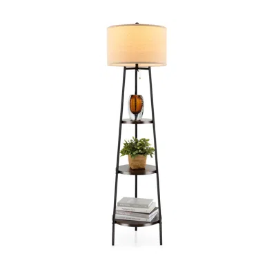 HIVVAGO SHELF FLOOR LAMP WITH STORAGE SHELVES AND LINEN LAMPSHADE 