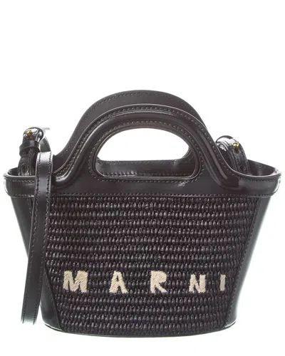 Marni Tropicalia Structured Shoulder Bag With Raffia Panels In Black