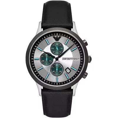 Emporio Armani Black Leather And Steel Chronograph Watch In Multi