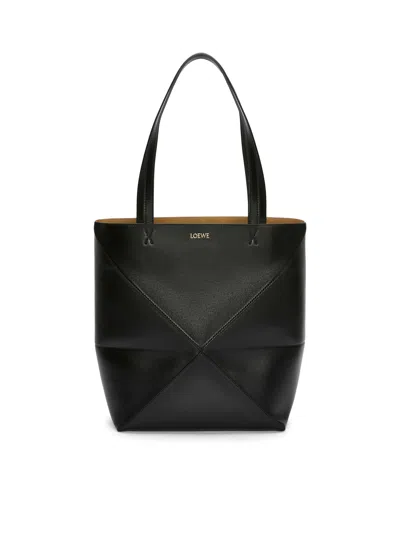 Shop Loewe Puzzle Fold Tote Bag In Shiny Calfskin In Black