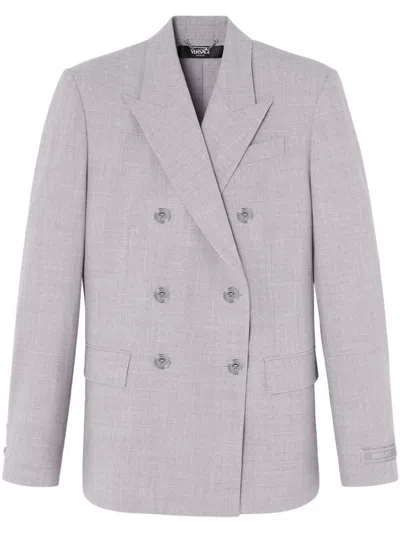 Versace Double-breasted Chambray Blazer In Gray
