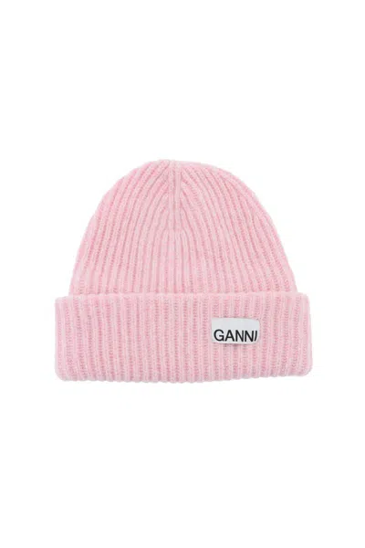 Shop Ganni Beanie Hat With Logo Patch In Rosa