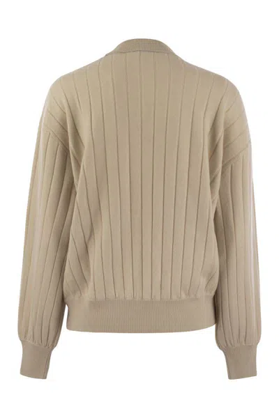 Shop Brunello Cucinelli Cashmere V-neck Sweater With Necklace In Beige