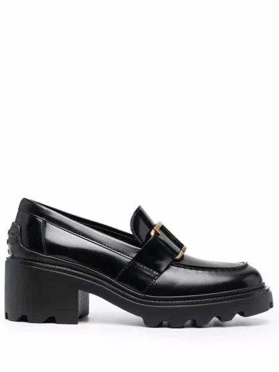 Tod's Shiny Leather Logo Buckle Chunky Loafers In Black